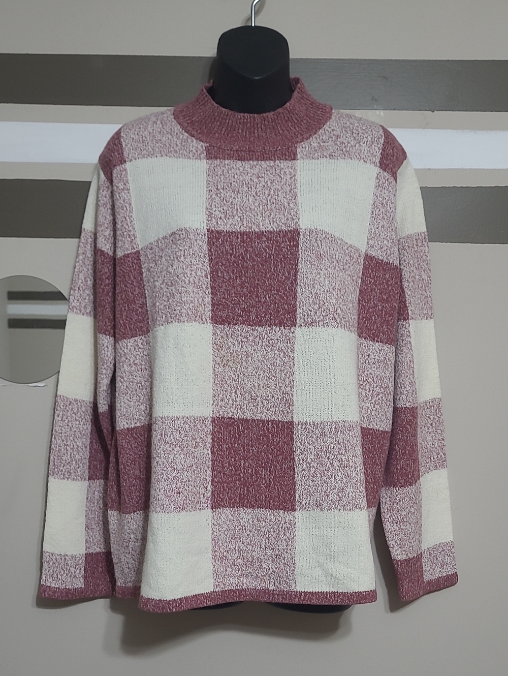 ⭐️ Vintage Alia Burgundy & Cream Plaid Mock Neck Sweater Sz Large
